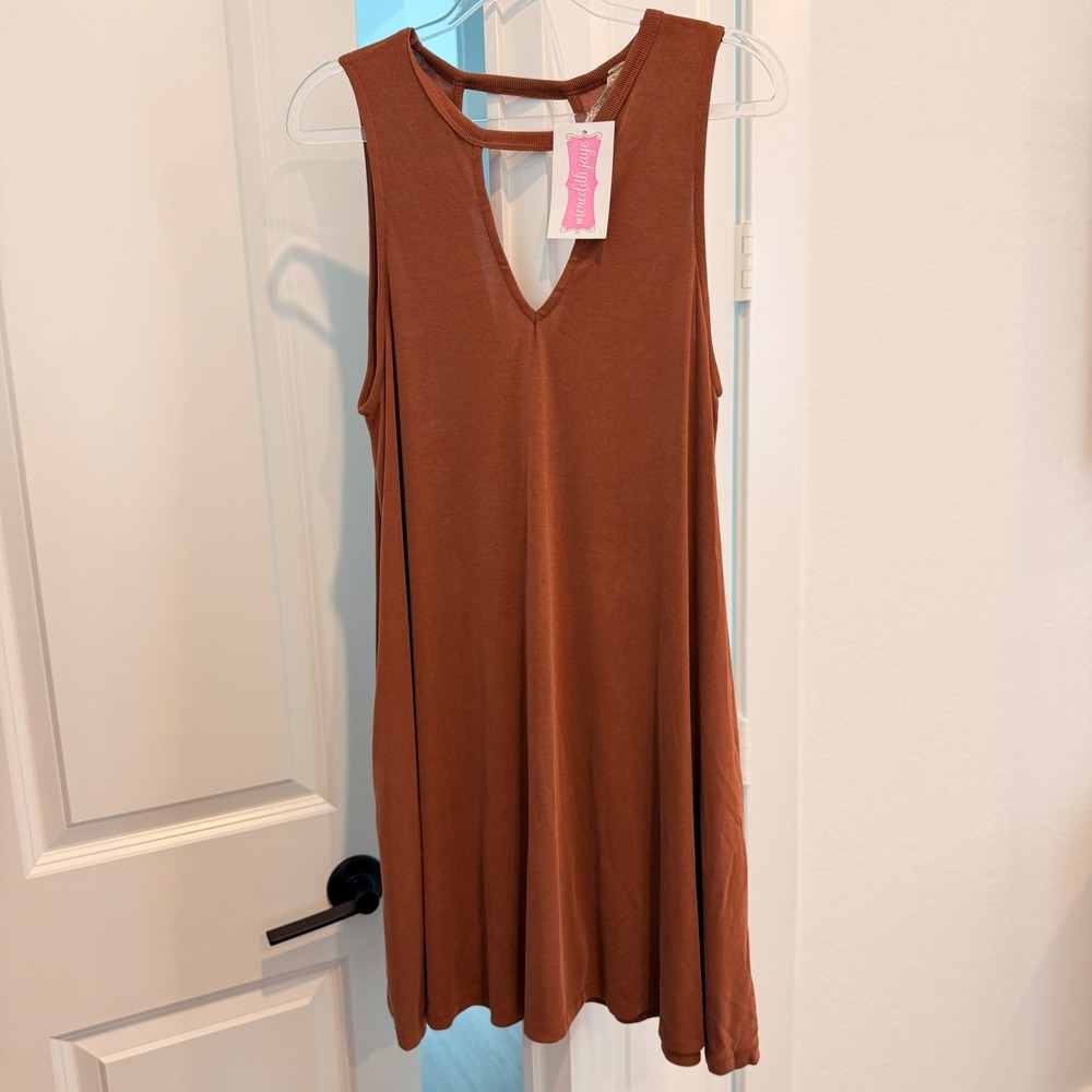 By Together Rust Brown Ribbed Sleeveless V-Neck Mini Swing Dress with Pockets M